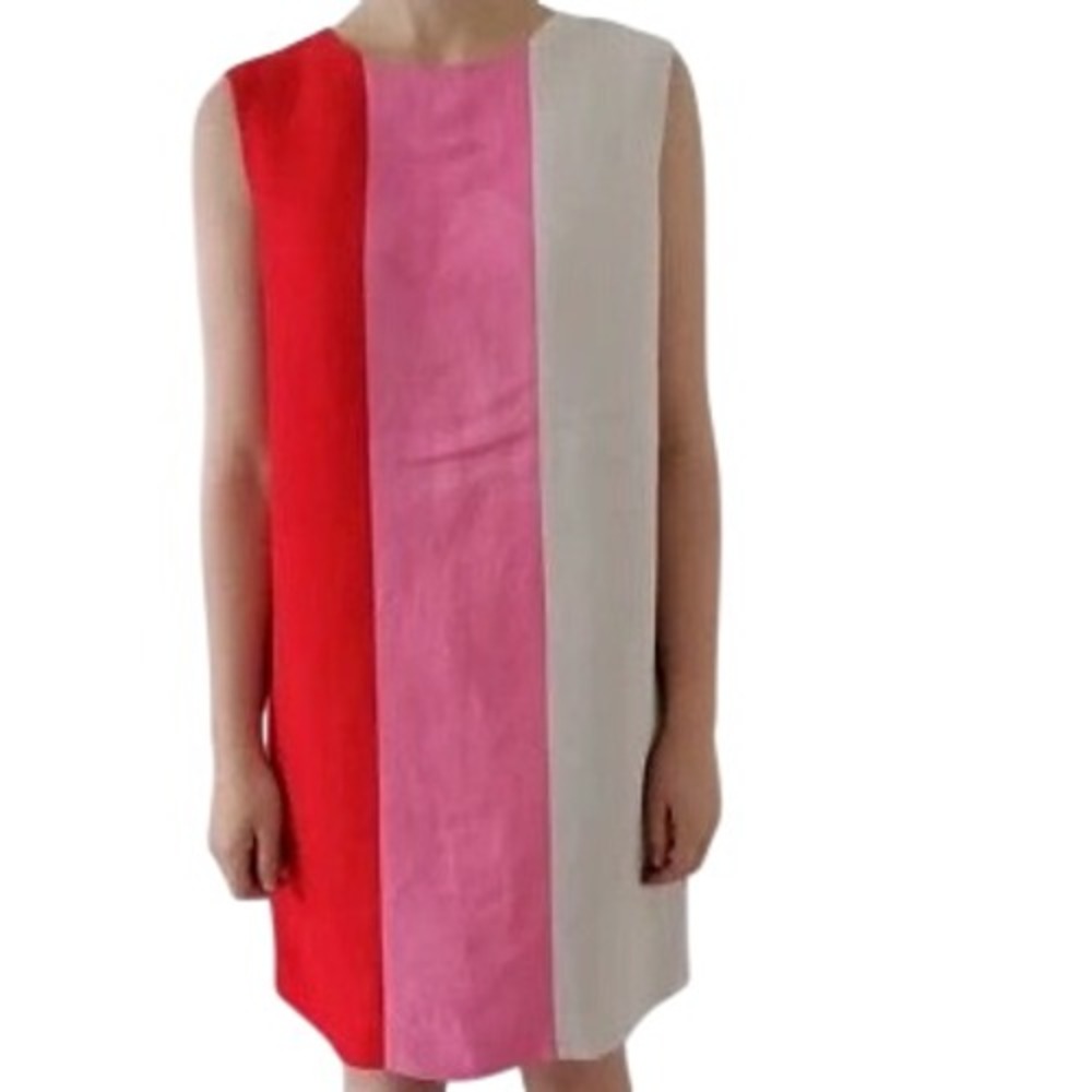 Max Mara Studio Shift Dress Women 14 Red Pink White Colorblock Linen Mod Classic